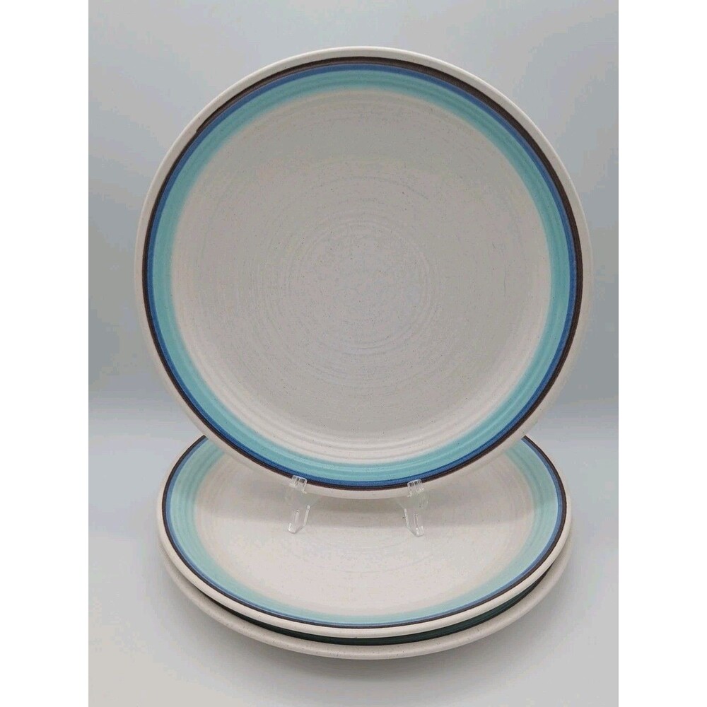 3 Vtg Franciscan Malibu  Dinner  Plates  Blue Brown Rings Stoneware